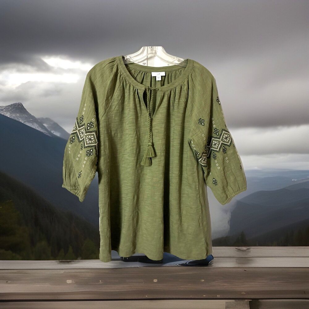 J. Jill Blouse Embroider Geometric Swiss Dot Boho Peasant Green Top Tassle
